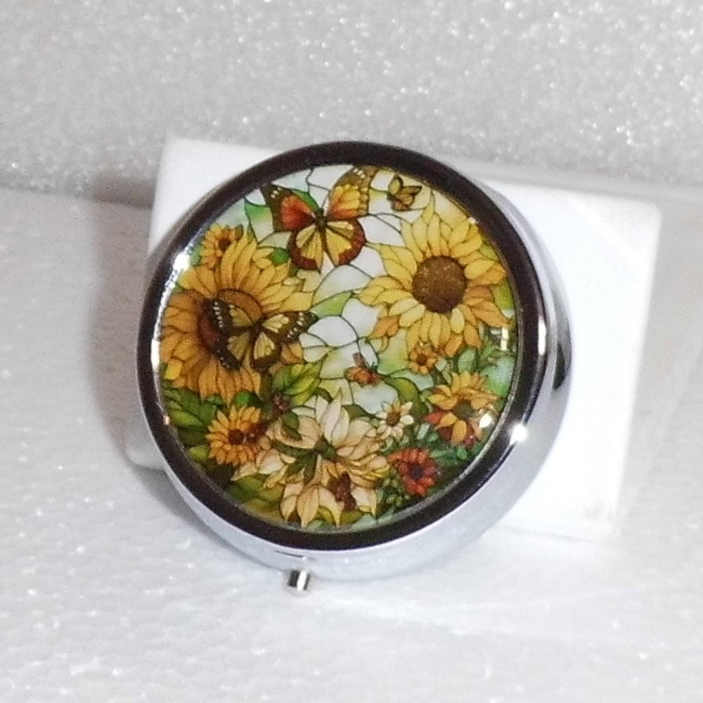 SALE -  1ea. - Ladies Sunflowers & Butterflies Pill Case/Box